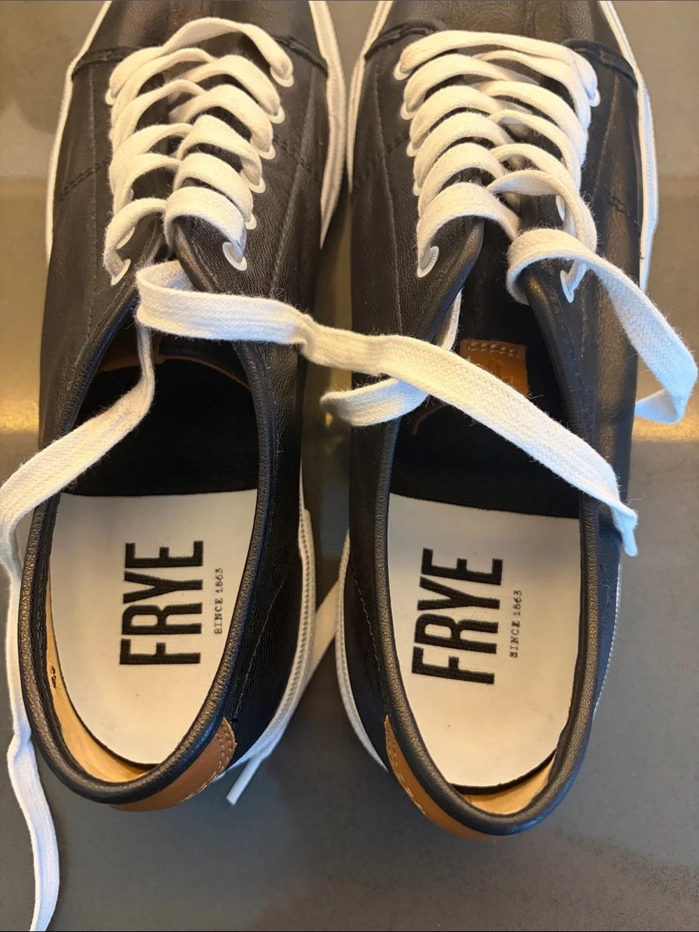 Frye Black Leather Low-Top Sneakers with White Laces
